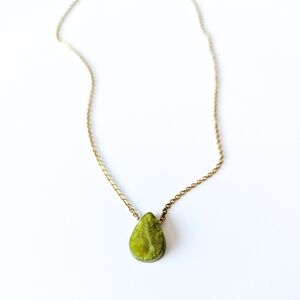 Olive Jade Choker Necklace - Green Teardrop Stone with Gold Plated Chain